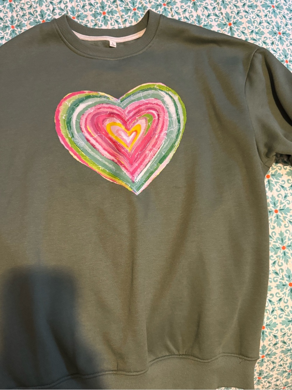 Kids Heart Graphic Sweatshirt - Olive Green with Pink & Yellow Heart